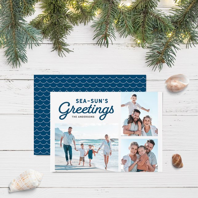 Blue Waves Sea-Sun's Greetings Photo Holiday Card (Creator Uploaded)