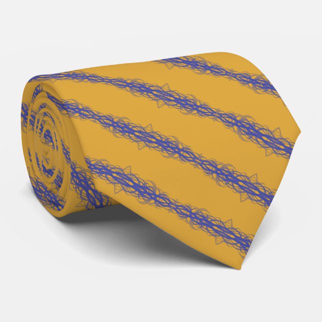 Blue Wavy Abstract Lines Repeat Pattern On Bronze Tie (Rolled)
