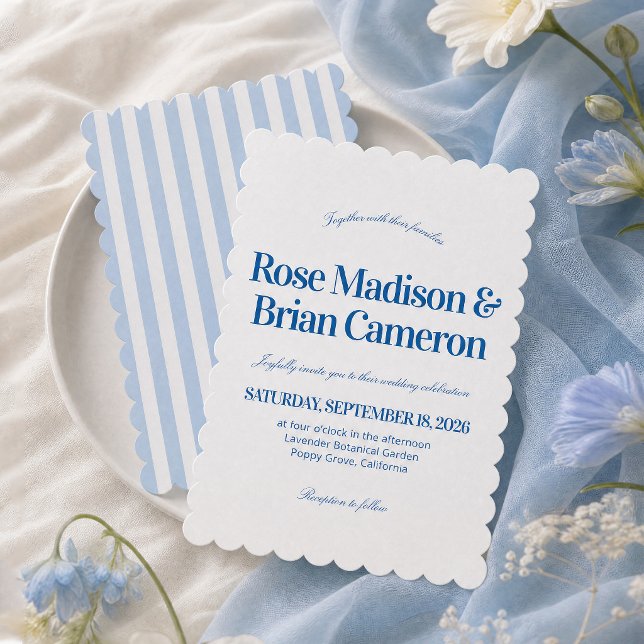 Blue Wavy Cabana Stripes Wedding Invitations (Creator Uploaded)