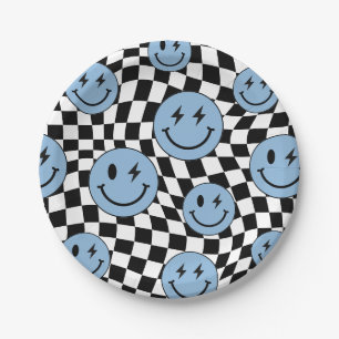 Blue Wavy Checkered Retro Preppy Smile Birthday Paper Plate