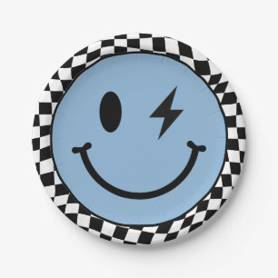 Blue Wavy Chequered Happy Smile Birthday Paper Plate
