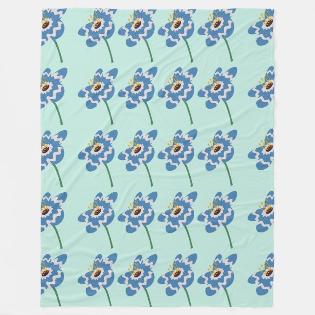 Blue wavy flower pattern fleece blanket (Front)