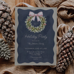 Blue Wavy Frame Bow Wreath Christmas Party Invitation