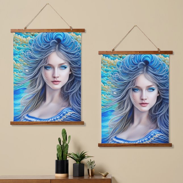 Blue Wavy Hair Fantasy Girl Abstract Fine Art Hanging Tapestry (Asymmetrical)