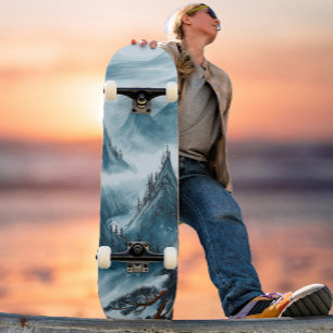 Blue Wavy Mountains Landscape Skateboard