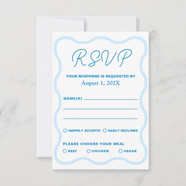 Blue Wavy Retro Wedding RSVP Card (Front)