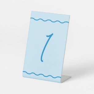 Blue Wavy Retro Wedding Table Number Pedestal Sign