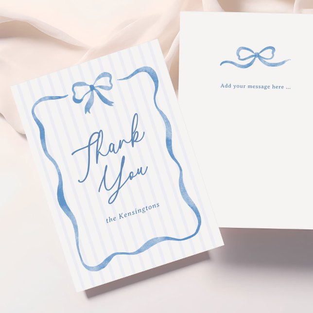 Blue Wavy Ribbon Bow Baby Shower Flat Thank You Card (baby shower thank you card with blue painted bow and wavy ribbon)