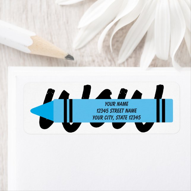 Blue wax crayon pencil return address labels (Insitu)