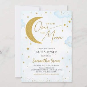 Blue We are Over the Moon Baby Shower Invitation
