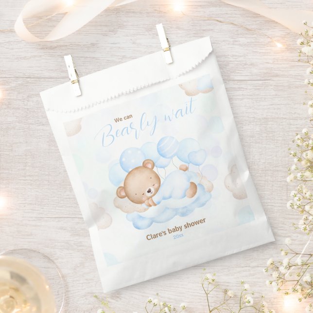 Blue We Can Bearly Wait Bear Baby Shower Favour Bags (Clipped)