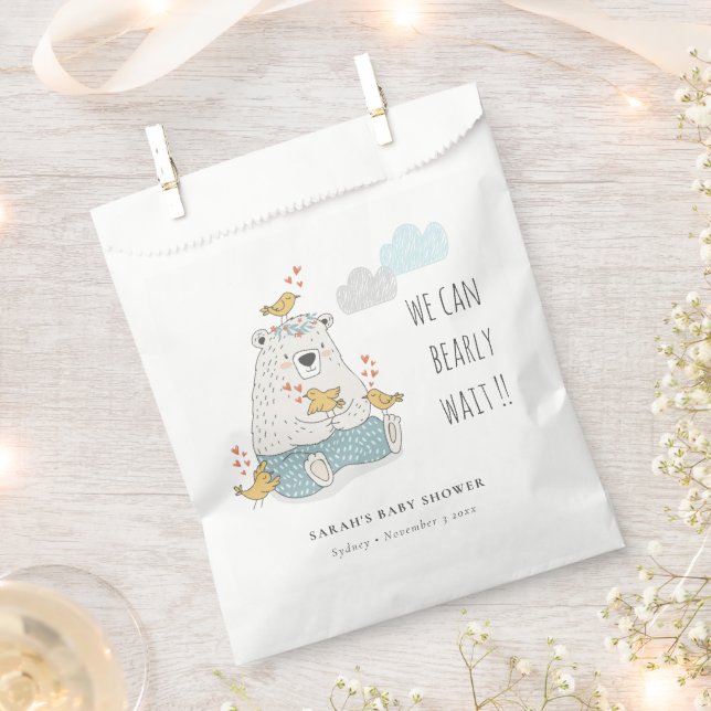 Blue We Can Bearly Wait Bear Birds Baby Shower Favour Bags (Clipped)