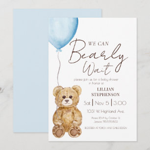 Blue We Can Bearly Wait Boy Baby Shower Invitation