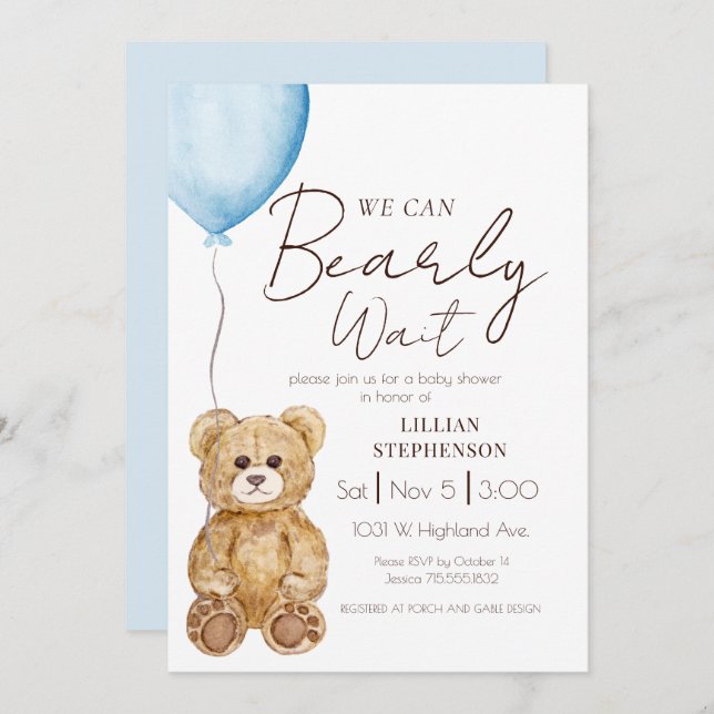 Blue We Can Bearly Wait Boy Baby Shower Invitation (Front/Back)