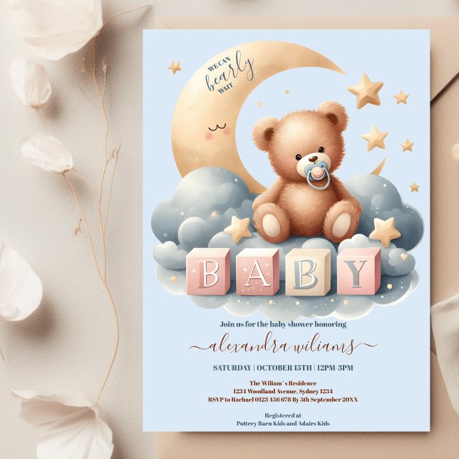 Blue We Can Bearly Wait Boy Baby Shower Invitation (Creator Uploaded)