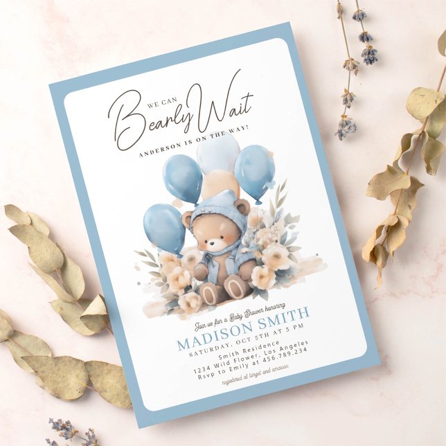 Blue We Can Bearly Wait Boy Baby Shower Invitation (Creator Uploaded)