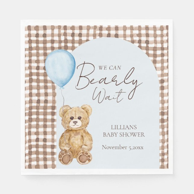 Blue We Can Bearly Wait Boy Baby Shower  Napkin (Front)