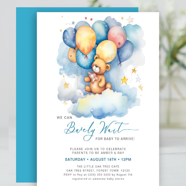 Blue We Can Bearly Wait Cute Boy Baby Shower Invitation (Creator Uploaded)