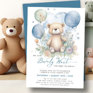 Blue We Can Bearly Wait Cute Boy Baby Shower Invitation