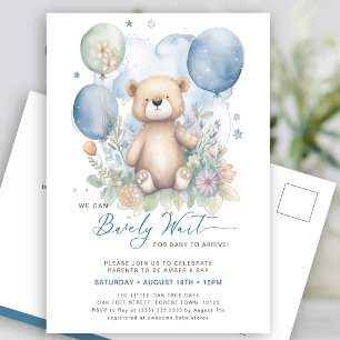 Blue We Can Bearly Wait Cute Boy Baby Shower Invitation Postcard