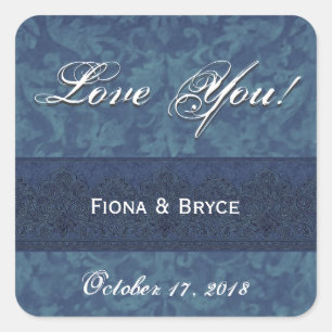 Blue Wedding Bride Groom Damask Square Sticker