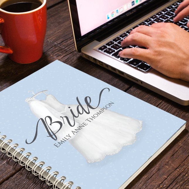 Blue Wedding Custom Bride Personalised Notebook (Simple Bride notebook with elegant bridal gown. )
