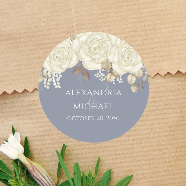 Blue Wedding Favour Floral Personalised Classic Round Sticker (Dusty blue wedding favor sticker with white roses. )