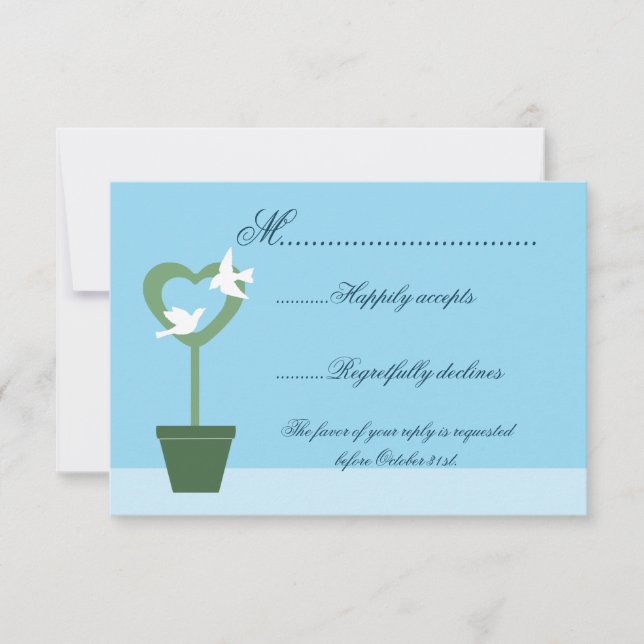 Blue Wedding Invitation RSVP with Doves on Topiary (Front)