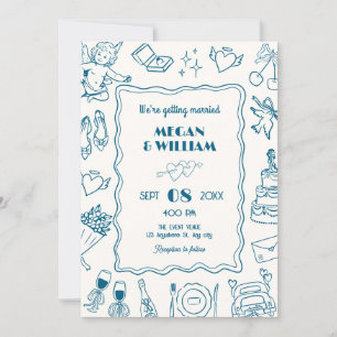Blue Wedding line art sketch fun  Invitation