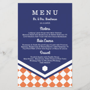 Blue Wedding Menu with Orange Chequered Pattern