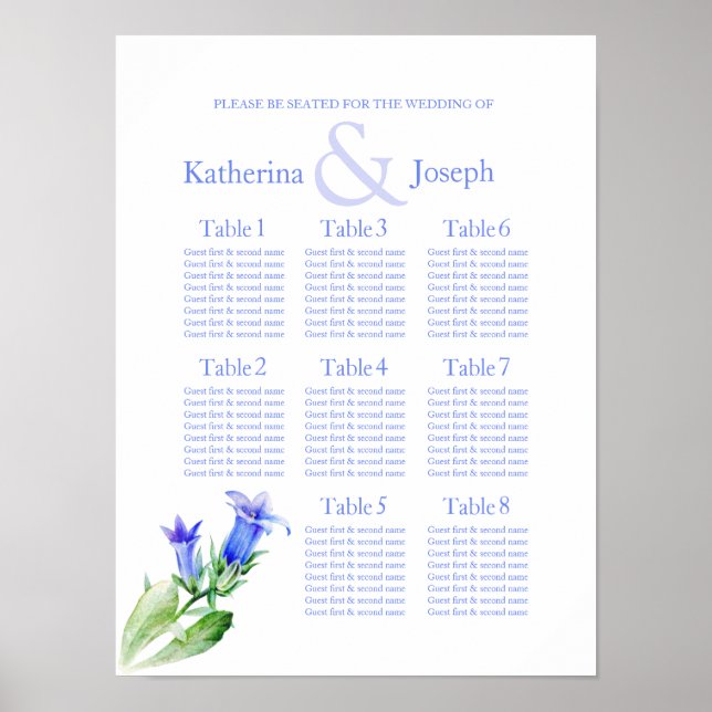 blue Wedding Seating Table Planner 1-8 Poster (Front)