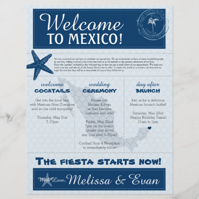 Blue Wedding Starfish Welcome Letter Cancun Mexico (Front)