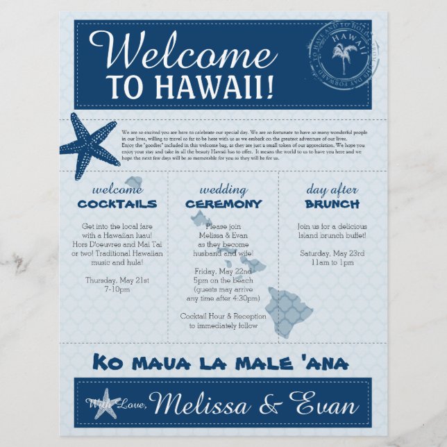 Blue Wedding Starfish Welcome Letter for Hawaii (Front)