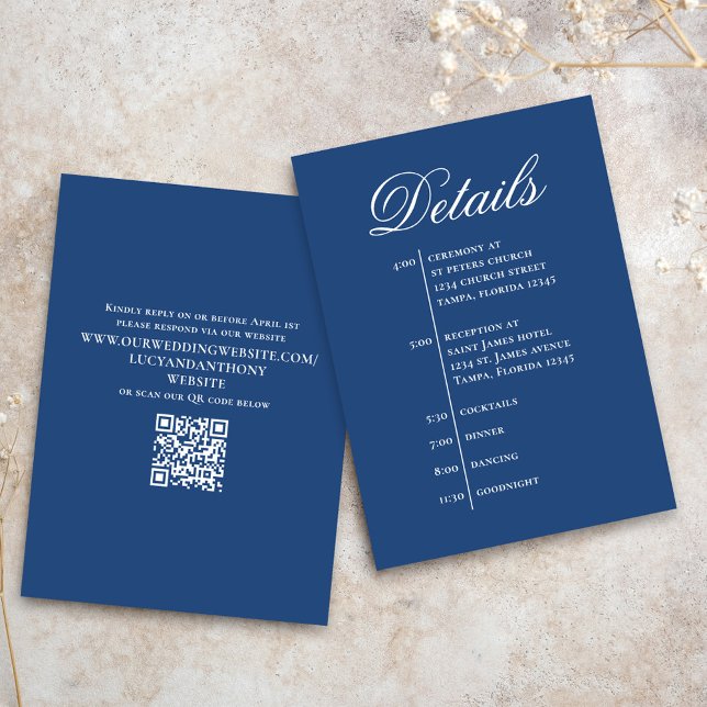 Blue Wedding Timeline Details Simple RSVP Enclosure Card (Blue Wedding details card with classic timeline and QR code template.)