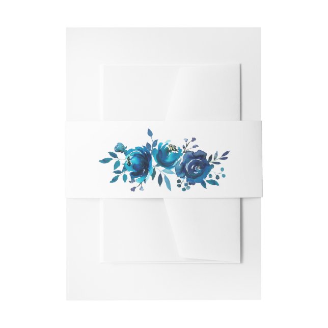Blue Wedding - Watercolor Flowers Belly Band Invitation Belly Band (Front Example)