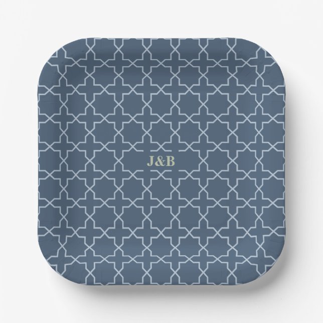 Blue Wedding with Latticework Pattern Paper Plates (Front)