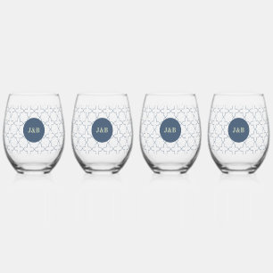 Blue Wedding with Latticework Pattern Stemless Wine Glass