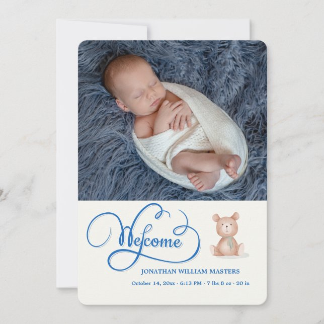 Blue Welcome Calligraphy Birth Announcement (Front)