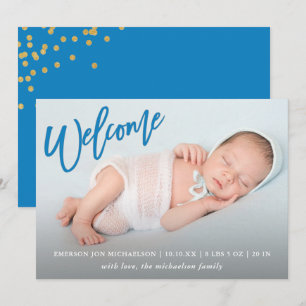 Blue Welcome Faux Gold Confetti Baby Boy Birth Announcement