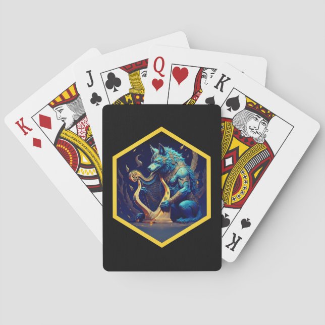 Blue Werewolf Paying A Golden Harp Playing Cards (Back)
