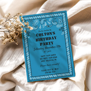 Blue Western Bandanna Print Birthday Party Invitation