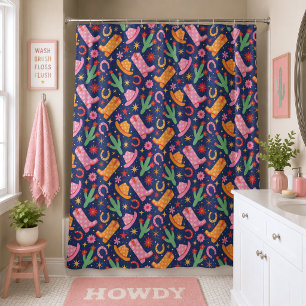 Blue Western Cowgirl Boots Cactus Floral Shower Curtain