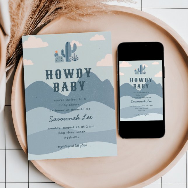 Blue Western Desert Cactus Baby Shower Invitation (Desert themed baby shower invitation with cute cactus illustrations)