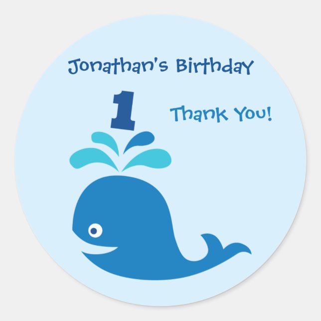 Blue Whale 1st Birthday Favour Sticker (Front)