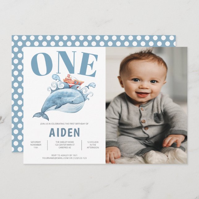 Blue Whale 1st Birthday Party Photo Invitation (Front/Back)