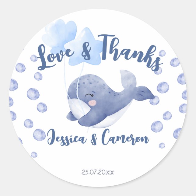  Blue whale ahoy it's a boy nautical baby shower  Classic Round Sticker (Front)