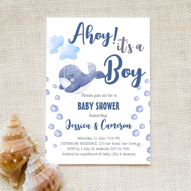  Blue whale ahoy it's a boy nautical baby shower Invitation (Creator Uploaded)