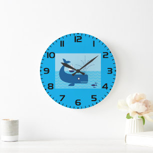Blue Whale And Blue Sailboat  Large Clock