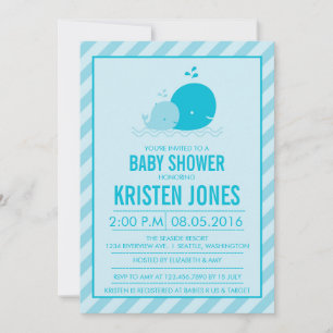Blue Whale and Her Baby Stripes Baby Shower Invitation