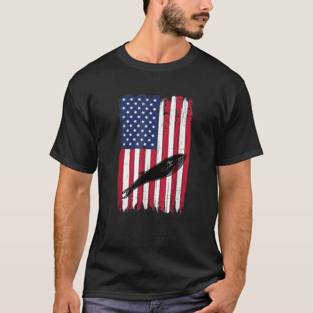 Blue Whale Animal Silhouette American Flag USA Pat T-Shirt (Front)